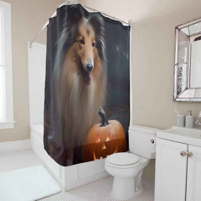 Halloween Rough Collie With Pumpkins Scary (In Situ)