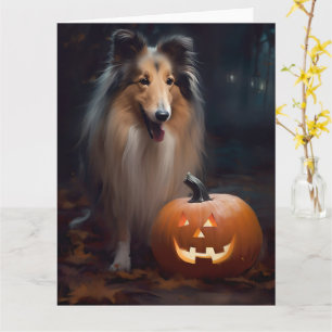 Halloween Rough Collie With Pumpkins Scary Card