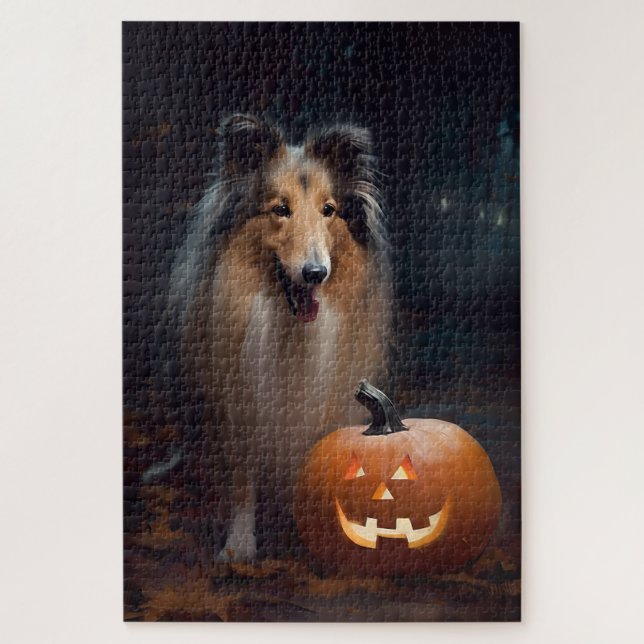 Halloween Rough Collie With Pumpkins Scary Jigsaw Puzzle (Vertical)