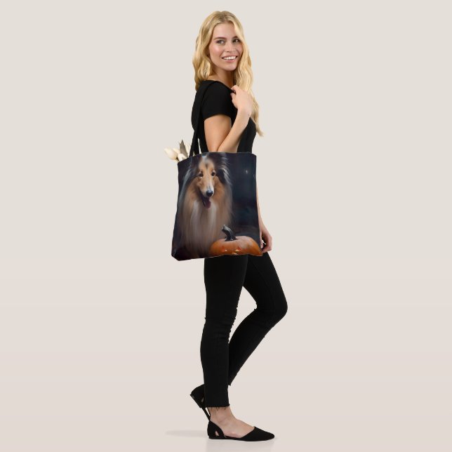 Halloween Rough Collie With Pumpkins Scary Tote Bag (On Model)