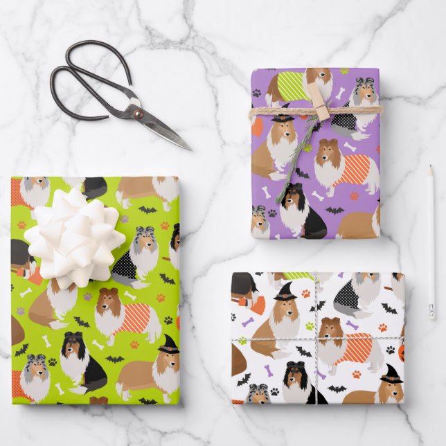 Halloween Rough Collie Wrapping Paper Sheet (Front)