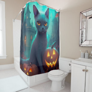 Halloween Russian Blue Cat With Pumpkins Scary