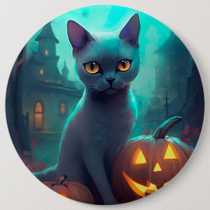 Halloween Russian Blue Cat With Pumpkins Scary 6 Inch Round Button