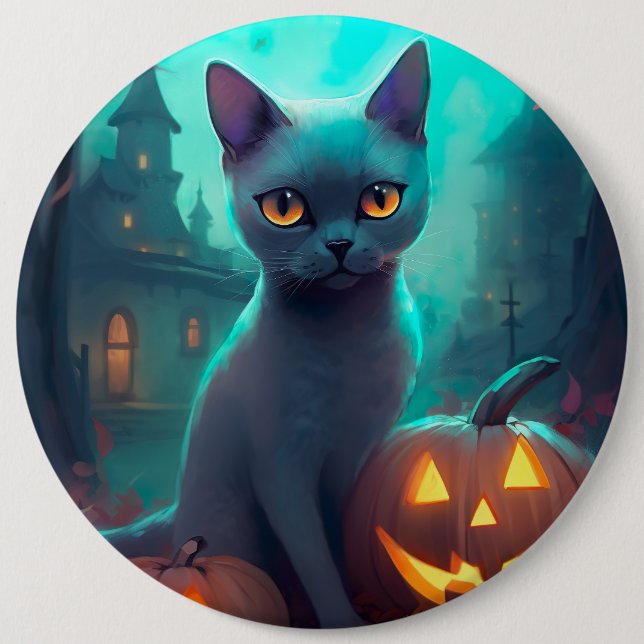 Halloween Russian Blue Cat With Pumpkins Scary 6 Inch Round Button (Front)