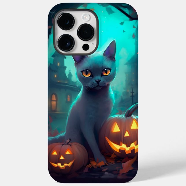 Halloween Russian Blue Cat With Pumpkins Scary Case-Mate iPhone Case (Back)