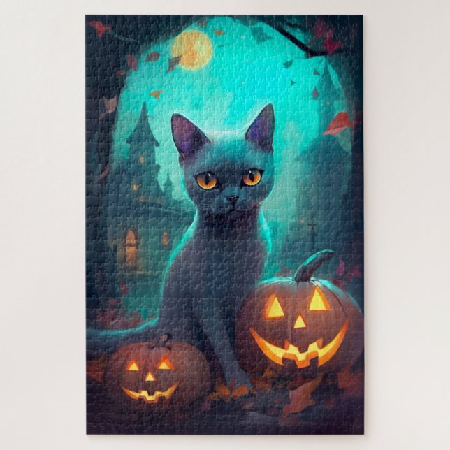 Halloween Russian Blue Cat With Pumpkins Scary Jigsaw Puzzle (Vertical)