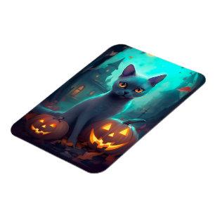 Halloween Russian Blue Cat With Pumpkins Scary Magnet