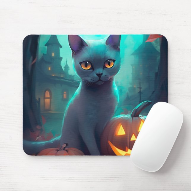 Halloween Russian Blue Cat With Pumpkins Scary Mouse Pad (With Mouse)