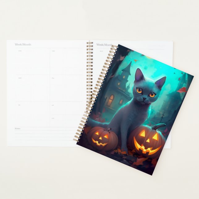 Halloween Russian Blue Cat With Pumpkins Scary Planner (Display)