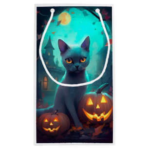 Halloween Russian Blue Cat With Pumpkins Scary Small Gift Bag