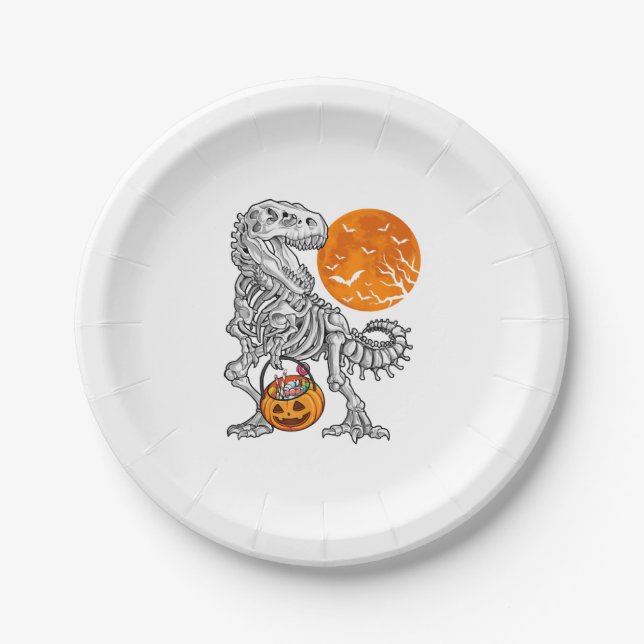Halloween s for Boys Kids Dinosaur Skeleton T rex Paper Plate (Front)