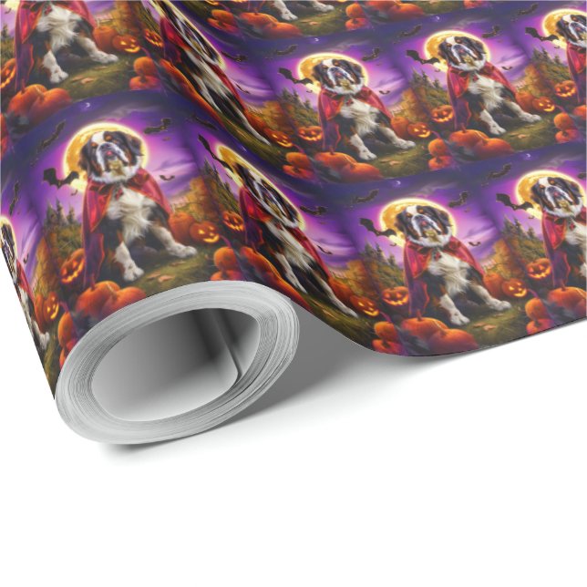 Halloween Saint Bernard Vampire Pumpkins Scary Wrapping Paper (Roll Corner)