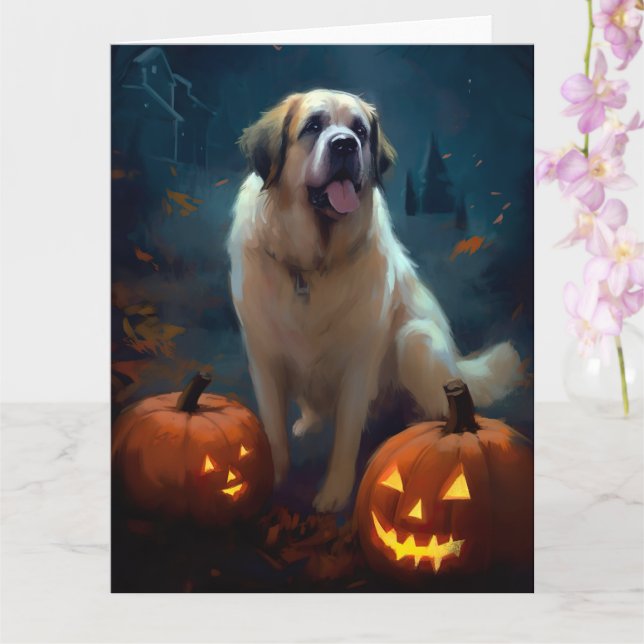 Halloween Saint Bernard With Pumpkins Scary  Card (Orchid)