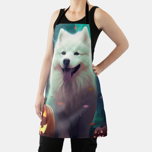 Halloween Samoyed With Pumpkins Scary Apron (Insitu)