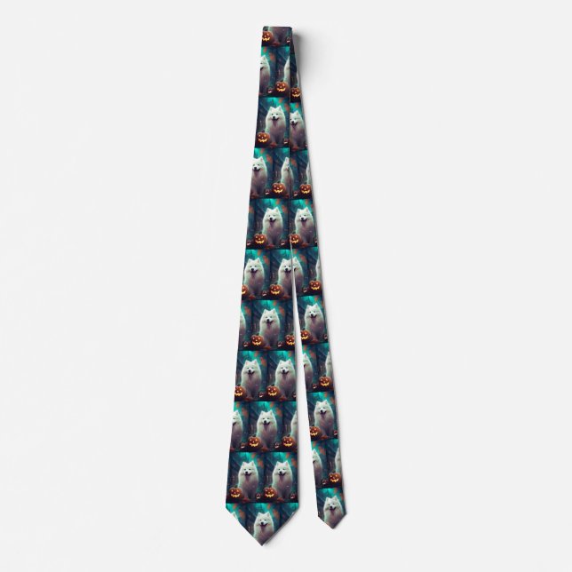 Halloween Samoyed With Pumpkins Scary Tie (Front)