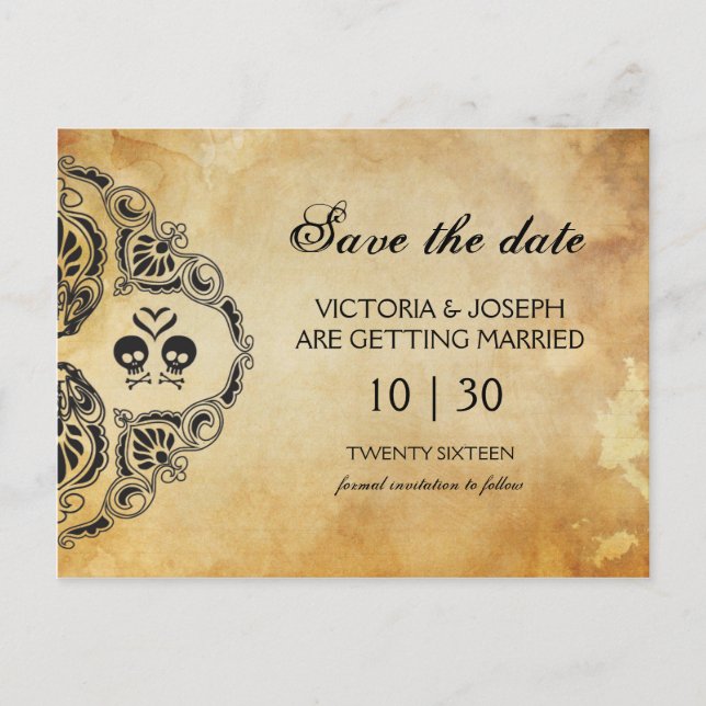 Halloween Save The Date - Skull & Crossbones Announcement Postcard (Front)