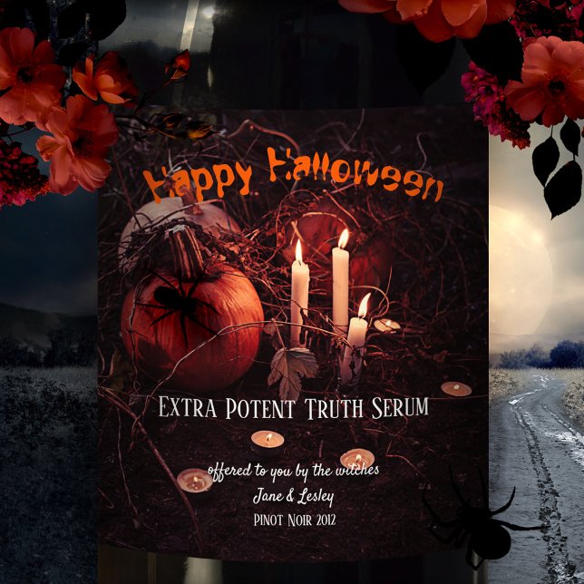 Halloween Scare Potion Wine Label (Halloween wine label featuring a fall forest scene with a pumpkin, candles and big spider)