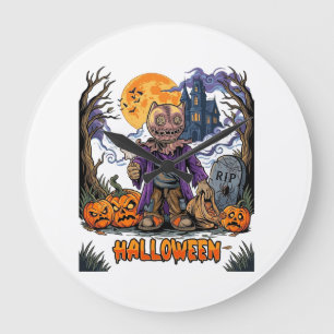 Halloween Scarecrow Candy Sack Pumpkins Haunted Ho Large Clock