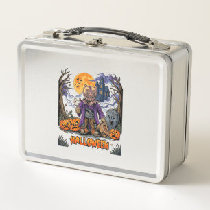 Halloween Scarecrow Candy Sack Pumpkins Haunted Ho Metal Lunch Box