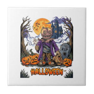 Halloween Scarecrow Candy Sack Pumpkins Haunted Ho Tile