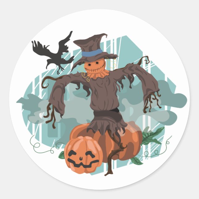 Halloween Scarecrow Scene Classic Round Sticker (Front)
