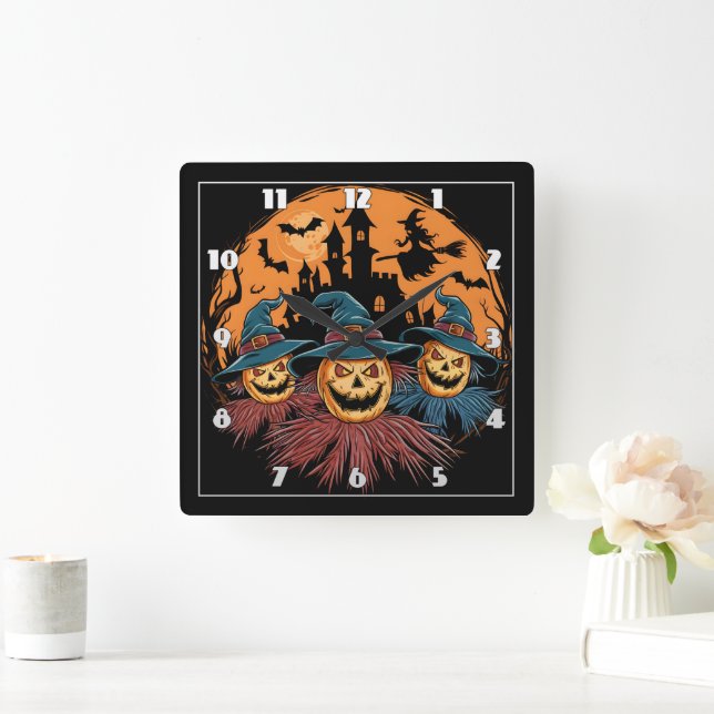Halloween scarecrow trio in a spooky backdrop square wall clock (Home)