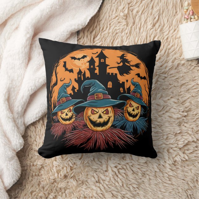 Halloween scarecrow trio in a spooky backdrop throw pillow (Blanket)