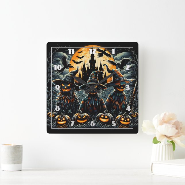 Halloween scarecrow trio in spooky moonlight square wall clock (Home)