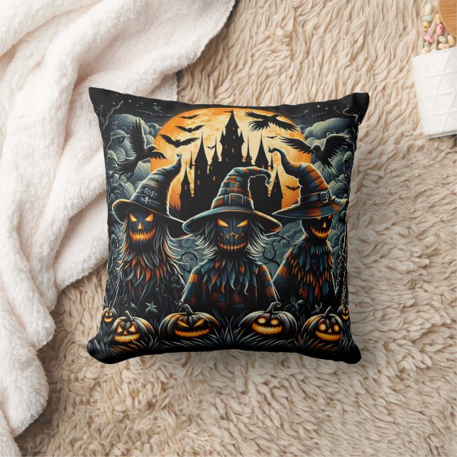 Halloween scarecrow trio in spooky moonlight throw pillow (Blanket)