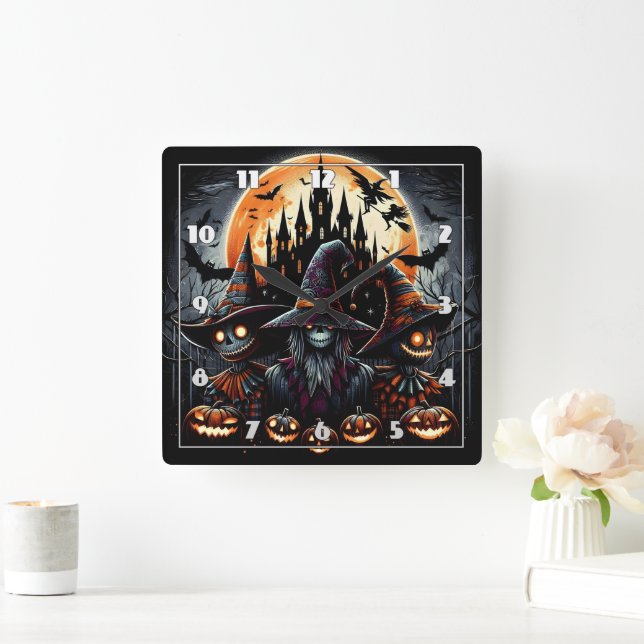 Halloween scarecrow trio under a full moon square wall clock (Home)