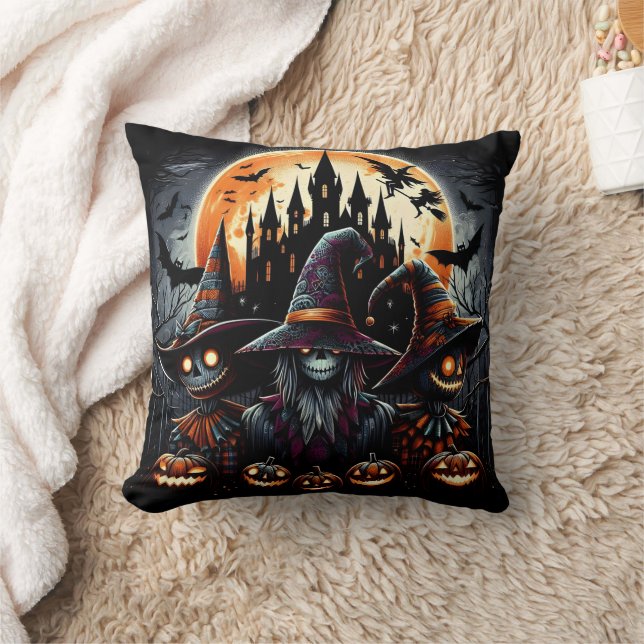 Halloween scarecrow trio under a full moon throw pillow (Blanket)