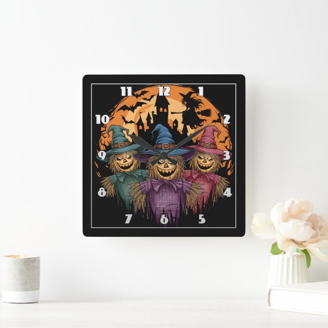 Halloween scarecrow trio under a spooky moonlight square wall clock (Home)