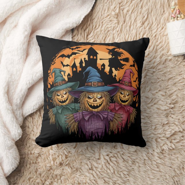 Halloween scarecrow trio under a spooky moonlight throw pillow (Blanket)