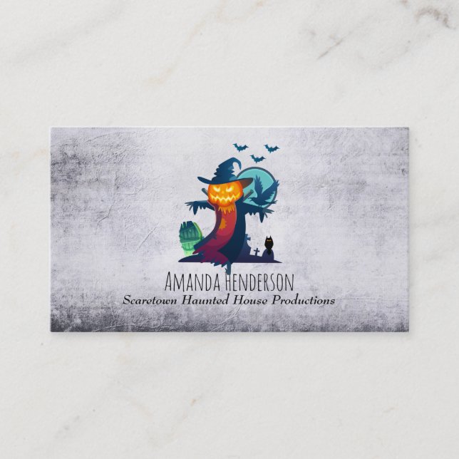 Halloween Scarecrow With Bats Crow And Owl Business Card (Front)