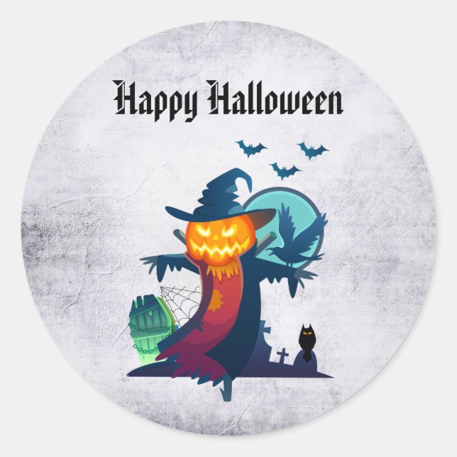Halloween Scarecrow With Bats Crow And Owl Classic Round Sticker (Front)