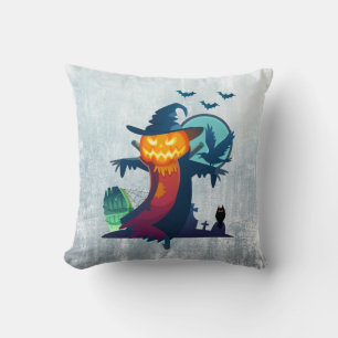 Halloween Scarecrow With Bats Crow And Owl Throw Pillow