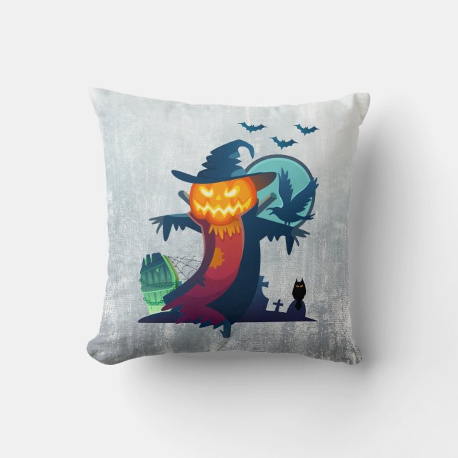 Halloween Scarecrow With Bats Crow And Owl Throw Pillow (Front)