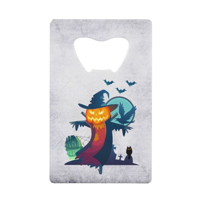 Halloween Scarecrow With Bats Crow And Owl Wallet Bottle Opener (Front)