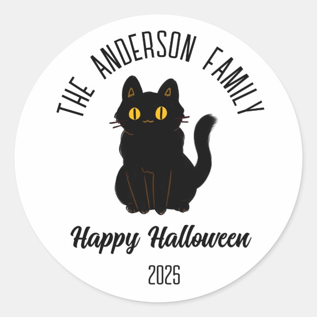 Halloween Scary Black Cat Personalized Name Classic Round Sticker (Front)