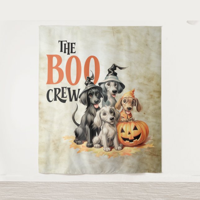 Halloween Scary Boo Dogs Crew Orange Pumpkin Tapestry (Front)