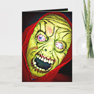 HALLOWEEN SCARY BUG EYED GREEN FACE MASK GREETING CARD