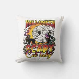 Halloween Scary Cat Lady Grim Reaper Moon Magic Bo Throw Pillow