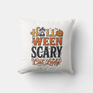 Halloween Scary Cat Lady Vintage Cat Shirt Design_ Throw Pillow