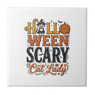 Halloween Scary Cat Lady Vintage Cat Shirt Design_ Tile