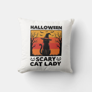 Halloween Scary Cat Lady Vintage Engraving Shirt D Throw Pillow