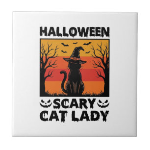 Halloween Scary Cat Lady Vintage Engraving Shirt D Tile