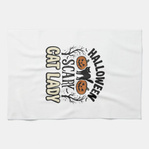 Halloween Scary Cat Lady Vintage Vector Design_1 Kitchen Towel
