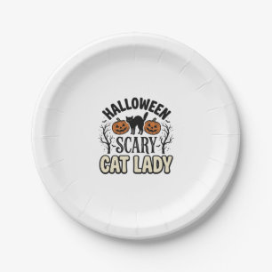 Halloween Scary Cat Lady Vintage Vector Design_1 Paper Plate