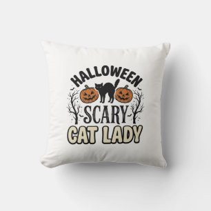 Halloween Scary Cat Lady Vintage Vector Design_1 Throw Pillow