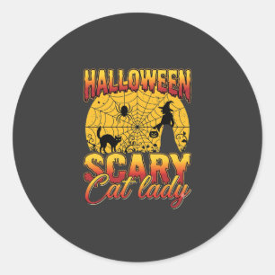 Halloween Scary Cat Lady Witch Spider Web Classic Round Sticker